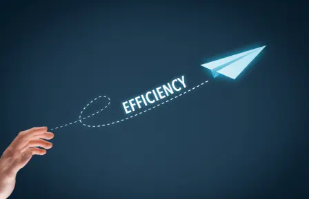 An arrow with the word efficiency behind a flying paper plane showing importance of efficiency in government workflow automation